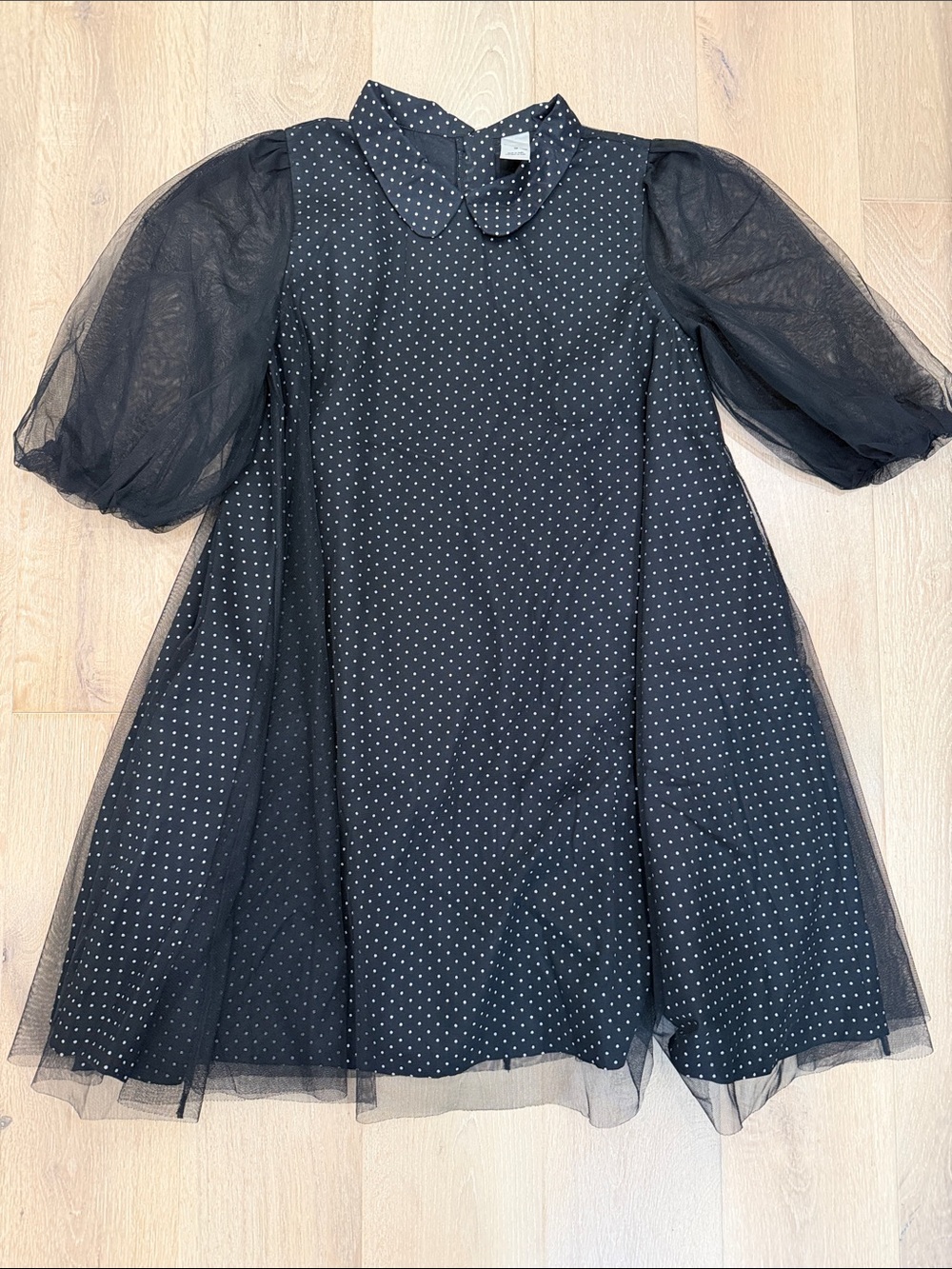 Nordstrom Black Dress with White Polka Dots and Sheer Puff Sleeves